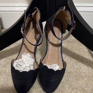 Tahari Navy Metallic Scalloped Ankle-Strap Flats for Girls